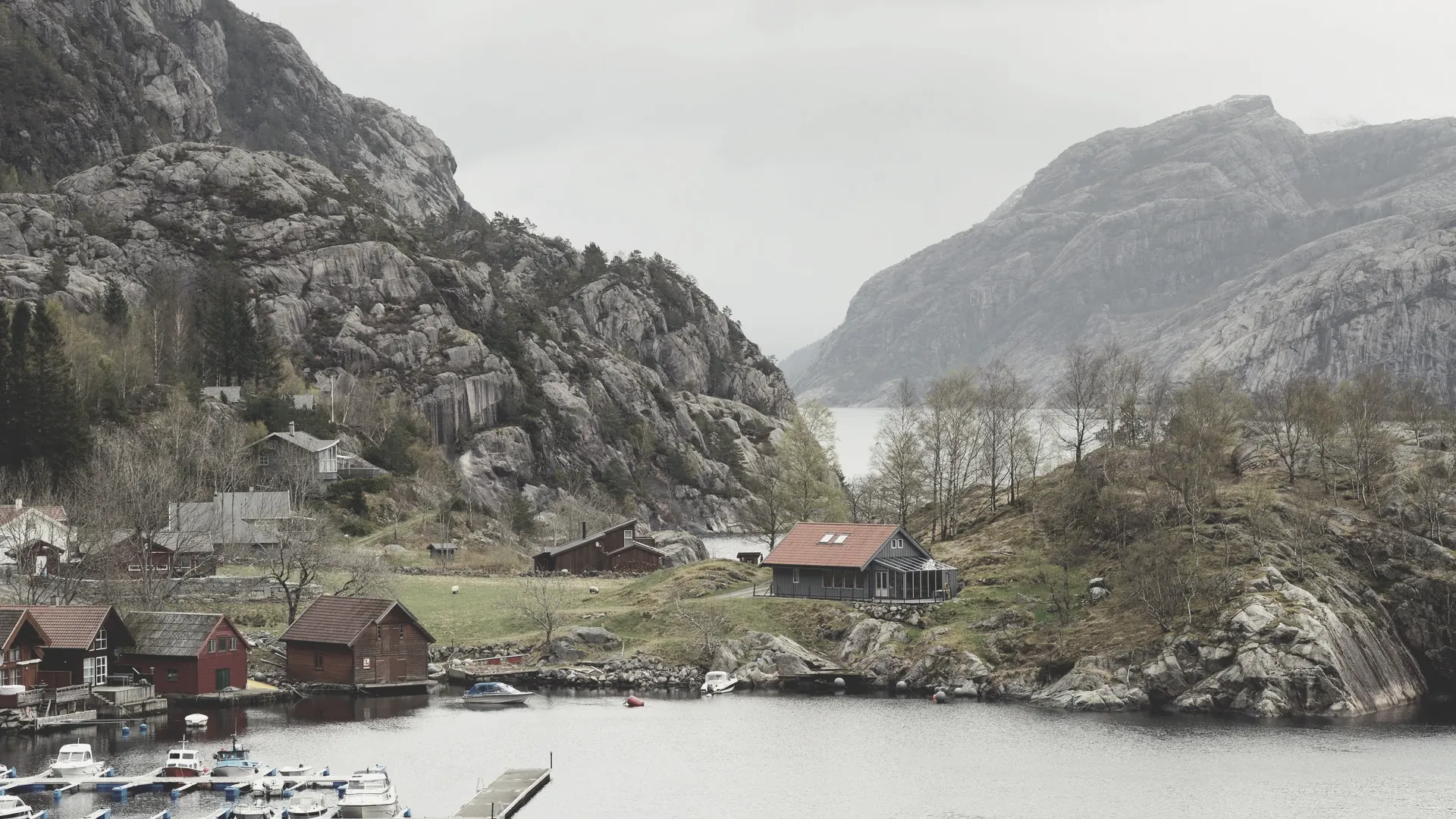 Ein Dorf am Ufer eines Fjords, dahinter aufsteigende Felshänge