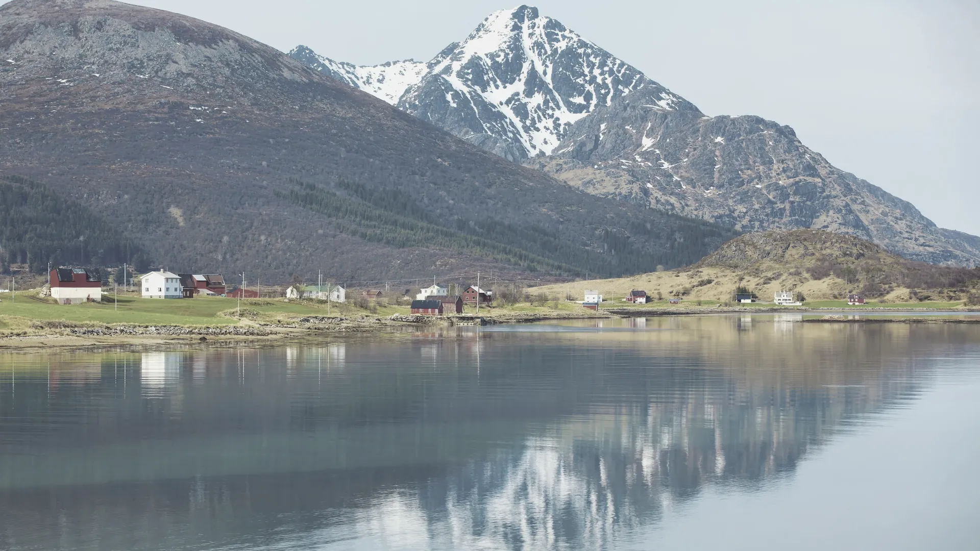 Ein schmaler Fjord zwischen steilen Felswänden im gedämpften Licht