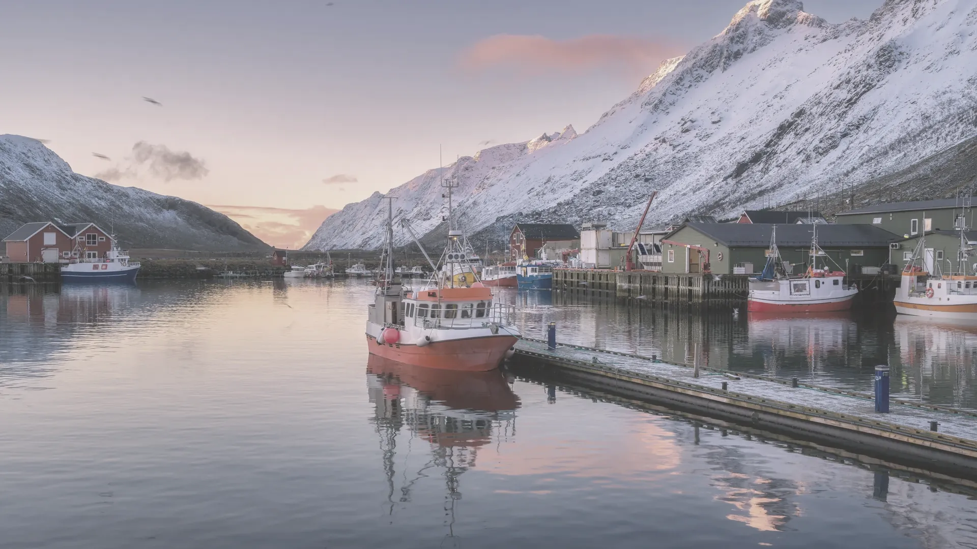 Rote Fischerboote auf ruhigem Wasser vor verschneiten Bergen